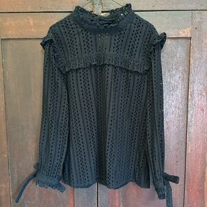Madewell Long sleeve Black Eyelet Mockneck Ruffle Top Size Medium